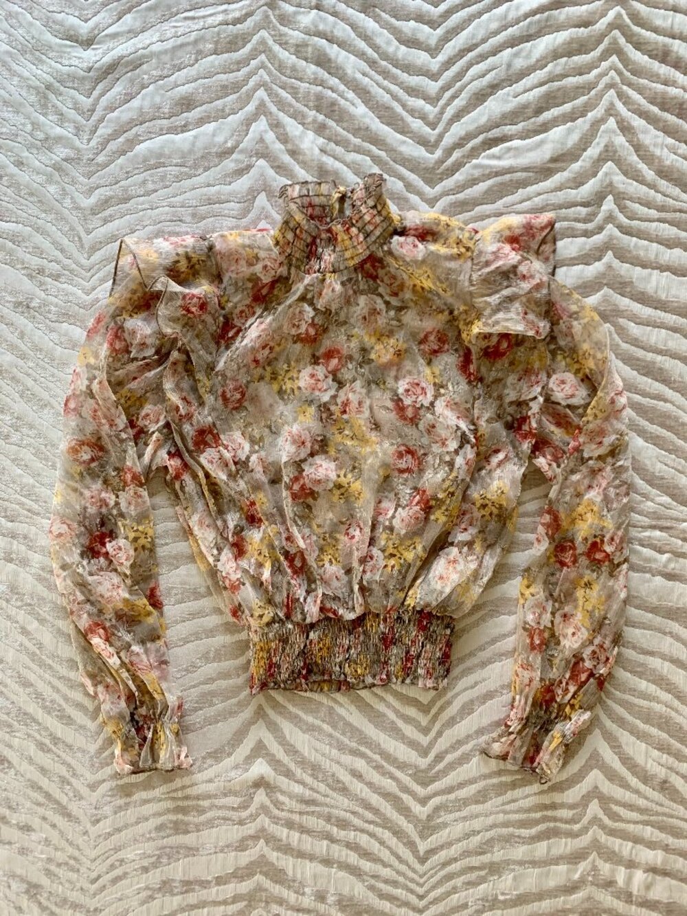 Romantic Sheer Floral Smocked Blouse - Ruffle Mock Neck Crop Top Size: Medium